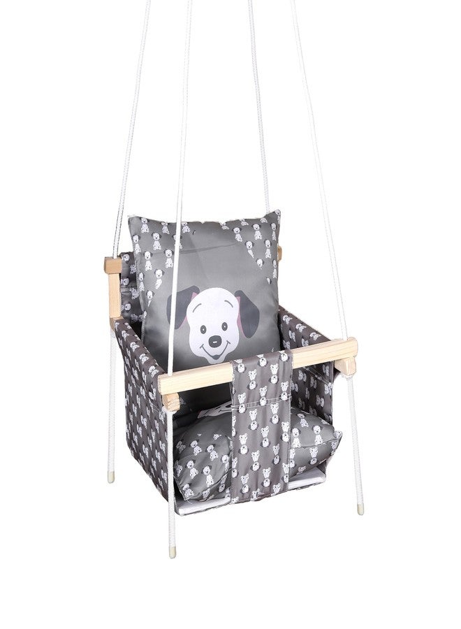 BOFFLE Baby Swing Hanging Indoor Outdoor, Wooden Swing, Baby Garden Swing, Jhula with 2 Pillow (Grey Dog) - Image 1